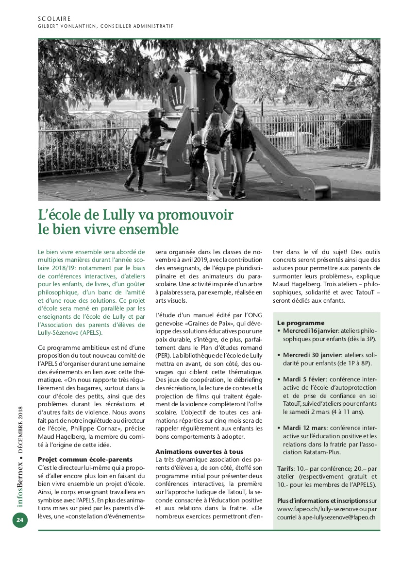 Selon infosBernex, la collection "Graines de Paix" s'insère dans le Plan d'Etudes Romand - Décembre 2018